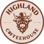 Highland Coffeehouse logo featuring a stylized hop cone design in brown circular badge